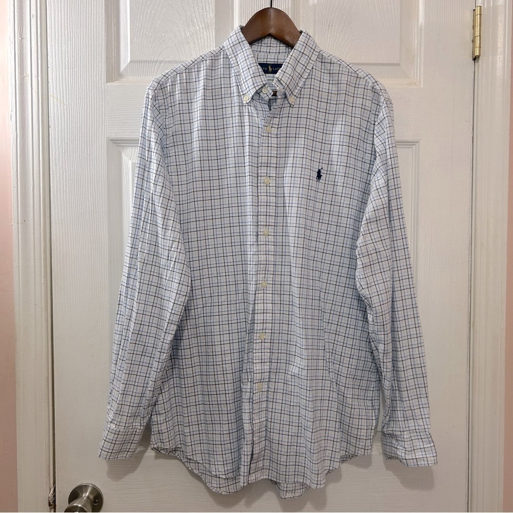 POLO Ralph Lauren Men's Button Down Shirt Plaid Blue White Size Medium